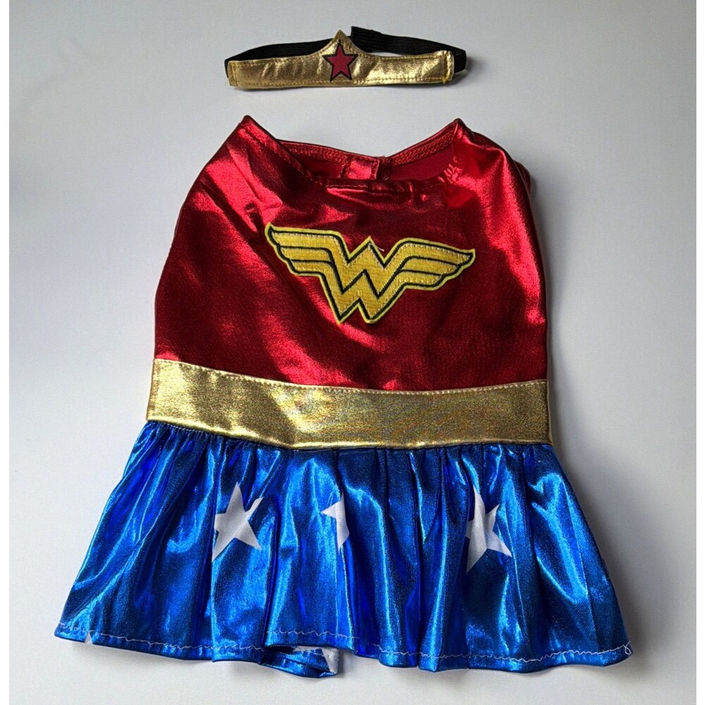 Wonder Woman Superhero Dog Costume Dress, Red/Blue/Gold/White Medium